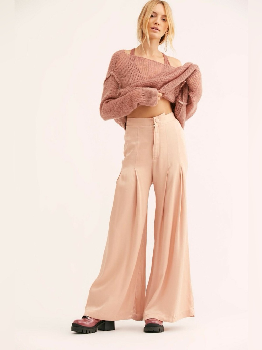 Free People Glow In The Sky Pleated Wide Leg Trouser Pants Pink Size 6